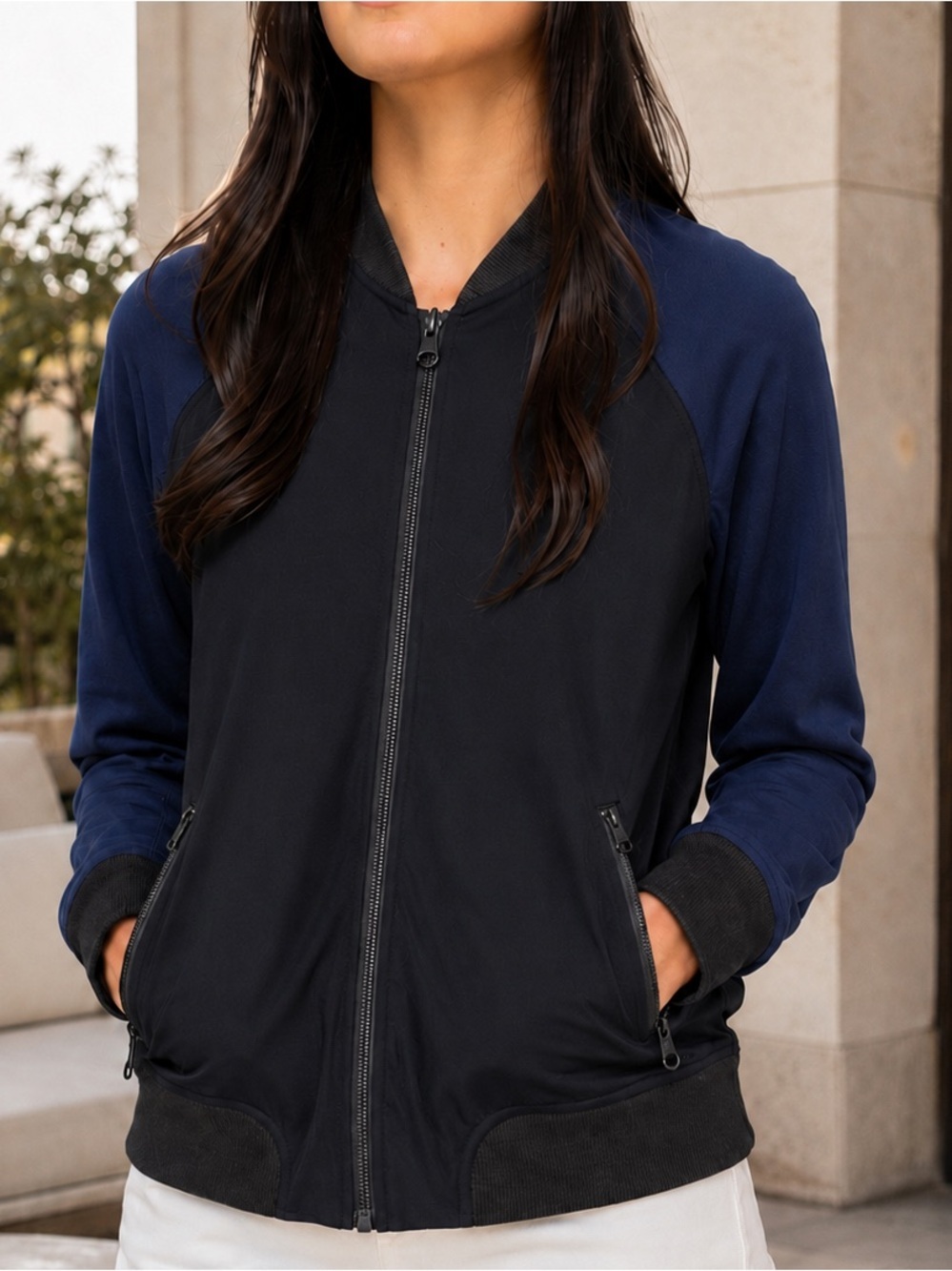 Lululemon Bomber Jacket Size 4 Black Navy Colorblock Raglan Zip